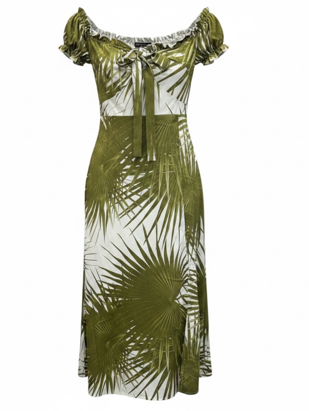 Green Palm Print Off-Shoulder Midi Dress